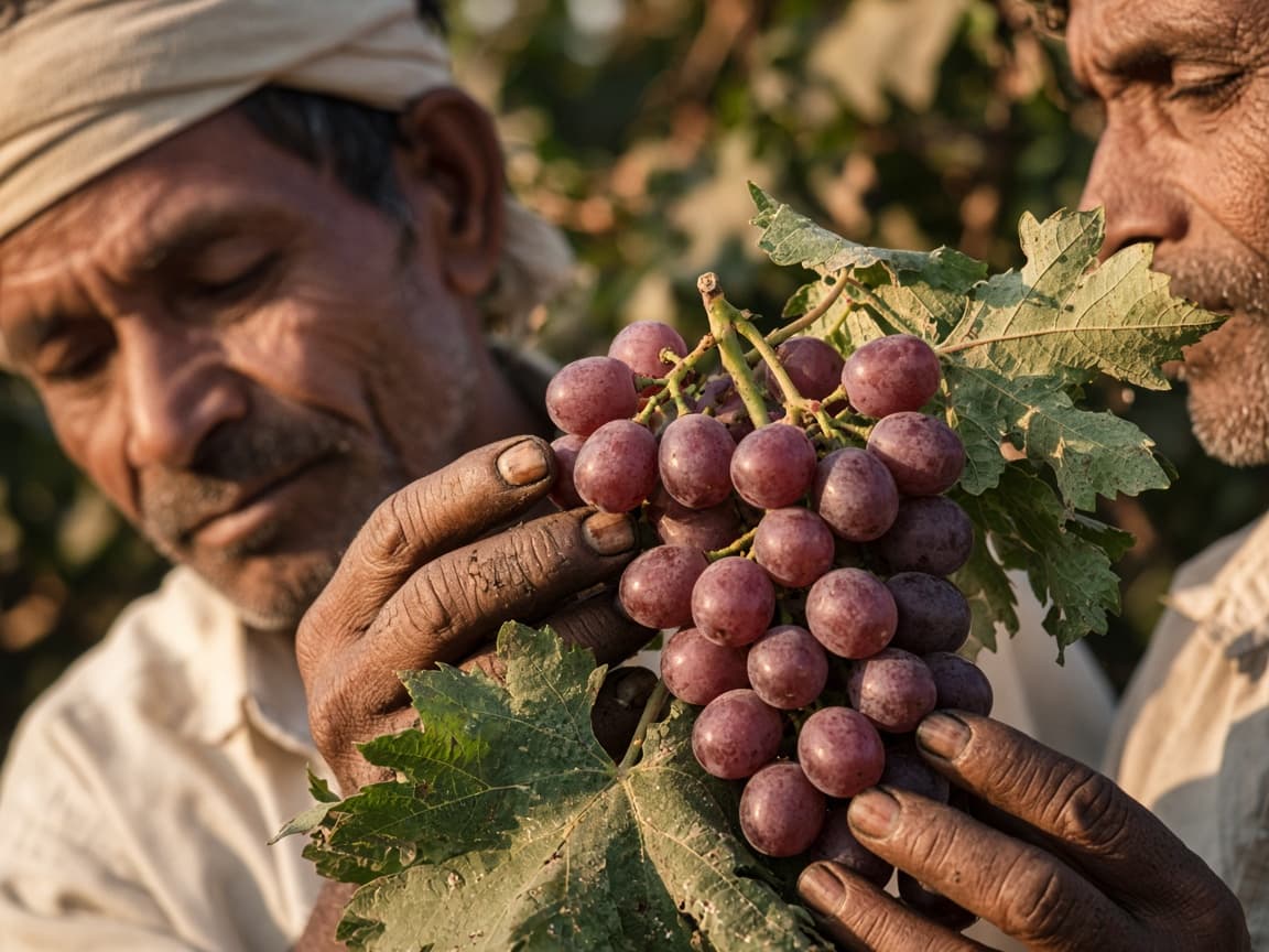 Hands holding export table grapes on the vine