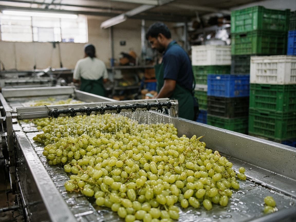 Grapes on a stainless pack-house wash line