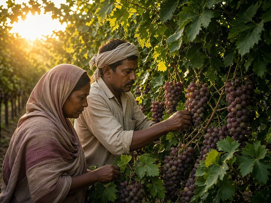 Growers picking export table grapes in a Maharashtra vineyard at sunrise