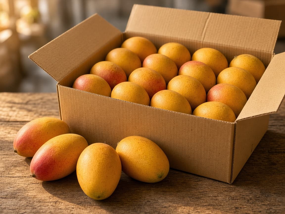 Ripe Alphonso mangoes, one sliced to show orange flesh