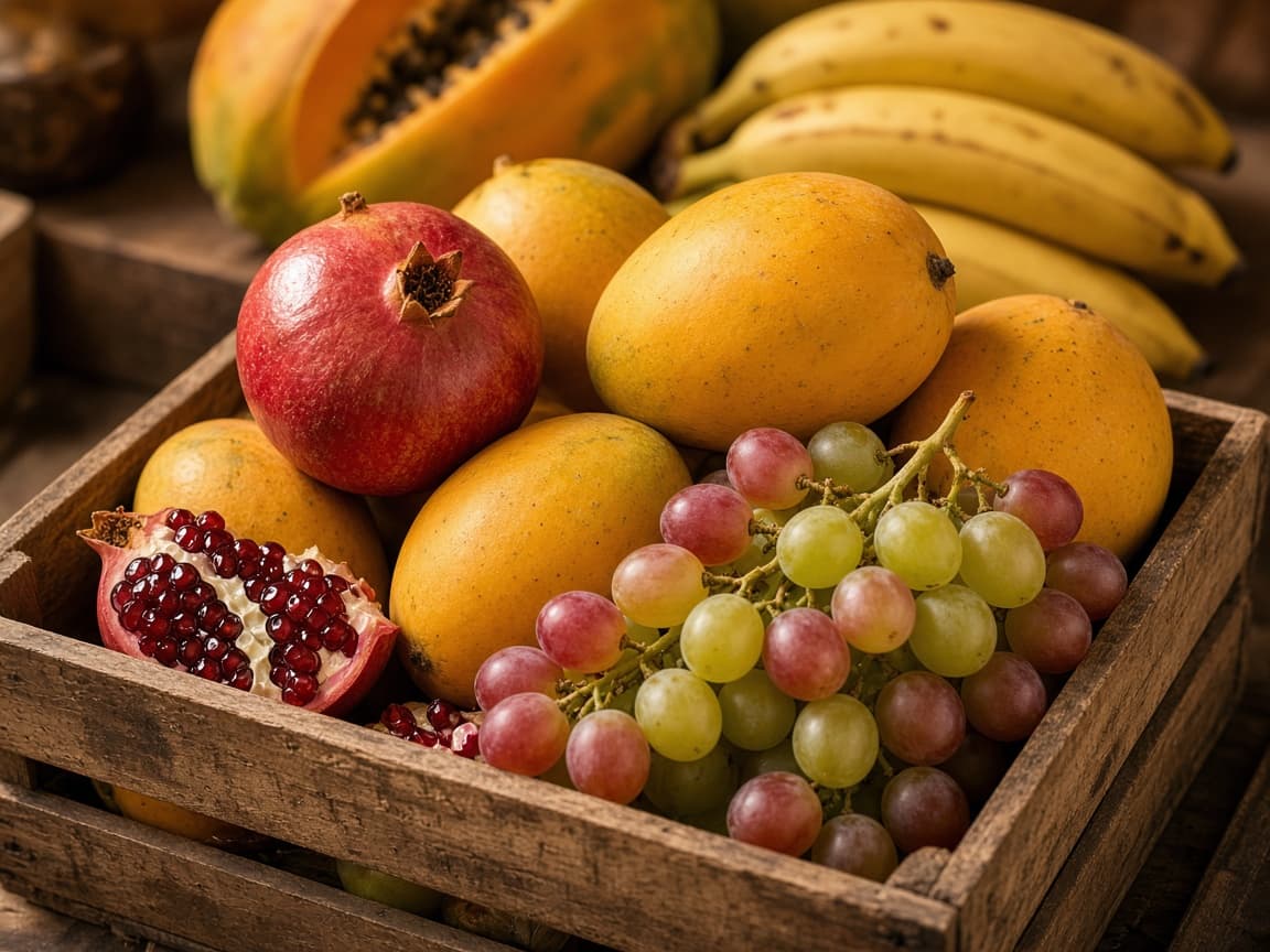Mixed Indian export fruit in a crate