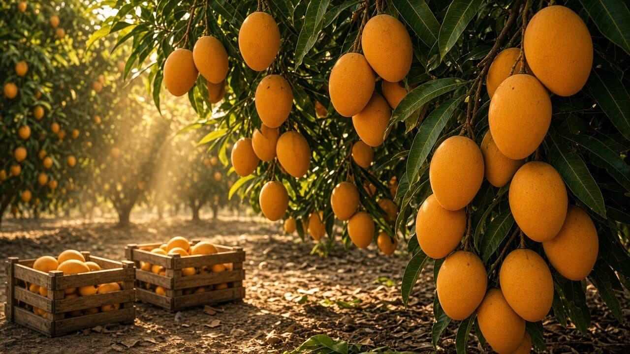 Alphonso mango orchard in Maharashtra at late afternoon