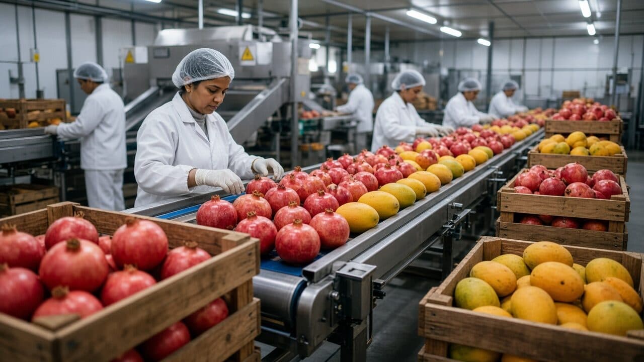 HACCP pack-house grading line with export crates of fruit