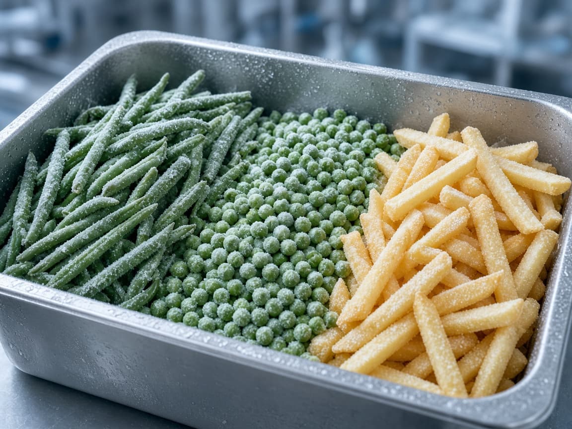 Frozen vegetable packs on a cold-store line