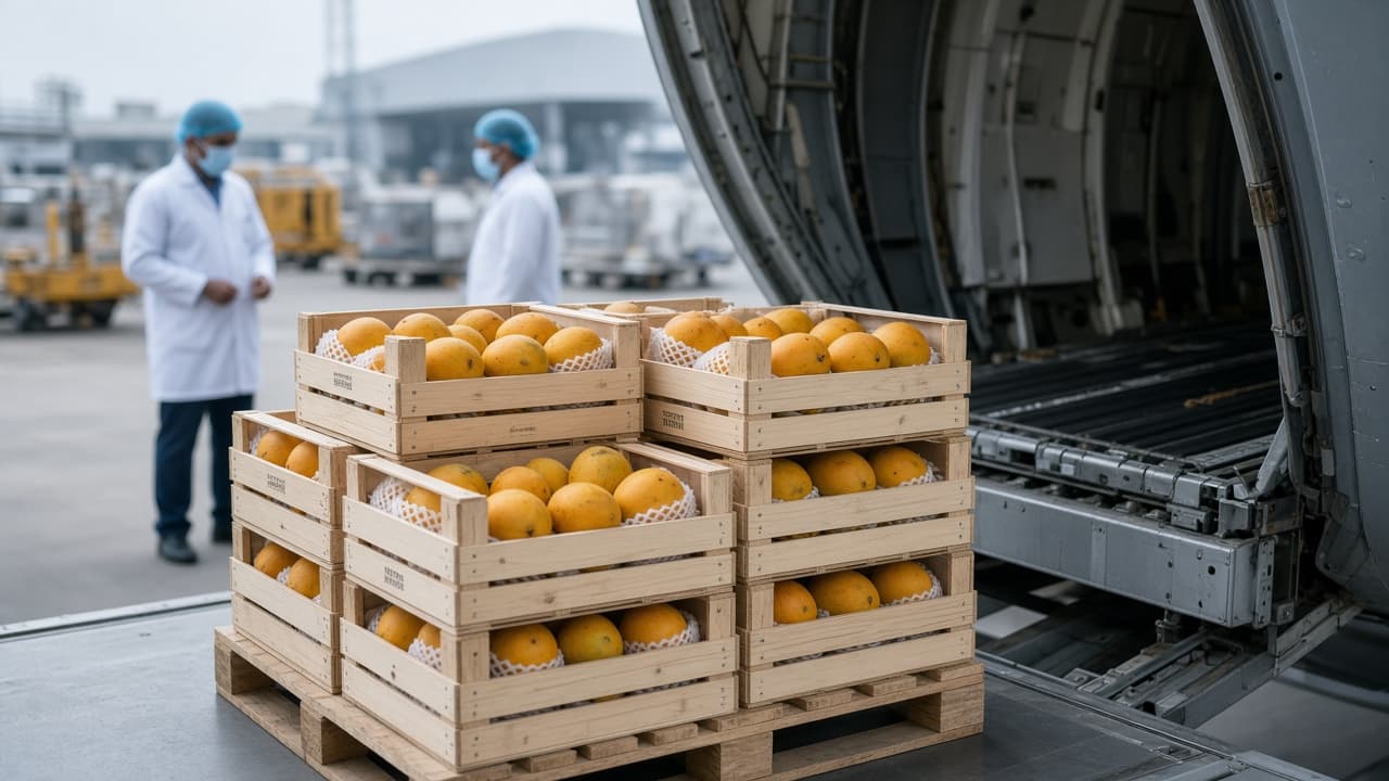 Alphonso mango crates staged for air freight